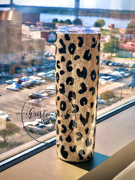 Black Glitter Leopard Print Tumbler