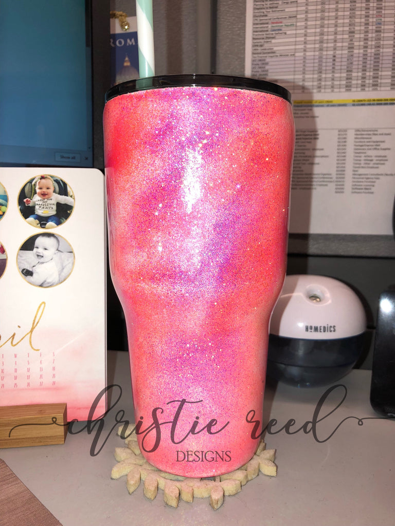 silver holographic glitter tumbler-neon pink lettering-girly  tumbler-empowering-custom stainless steel-sparkly-personalized