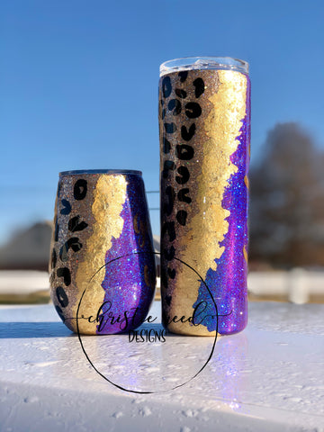 Leopard Print Foil Glitter Tumbler - Two-Toned